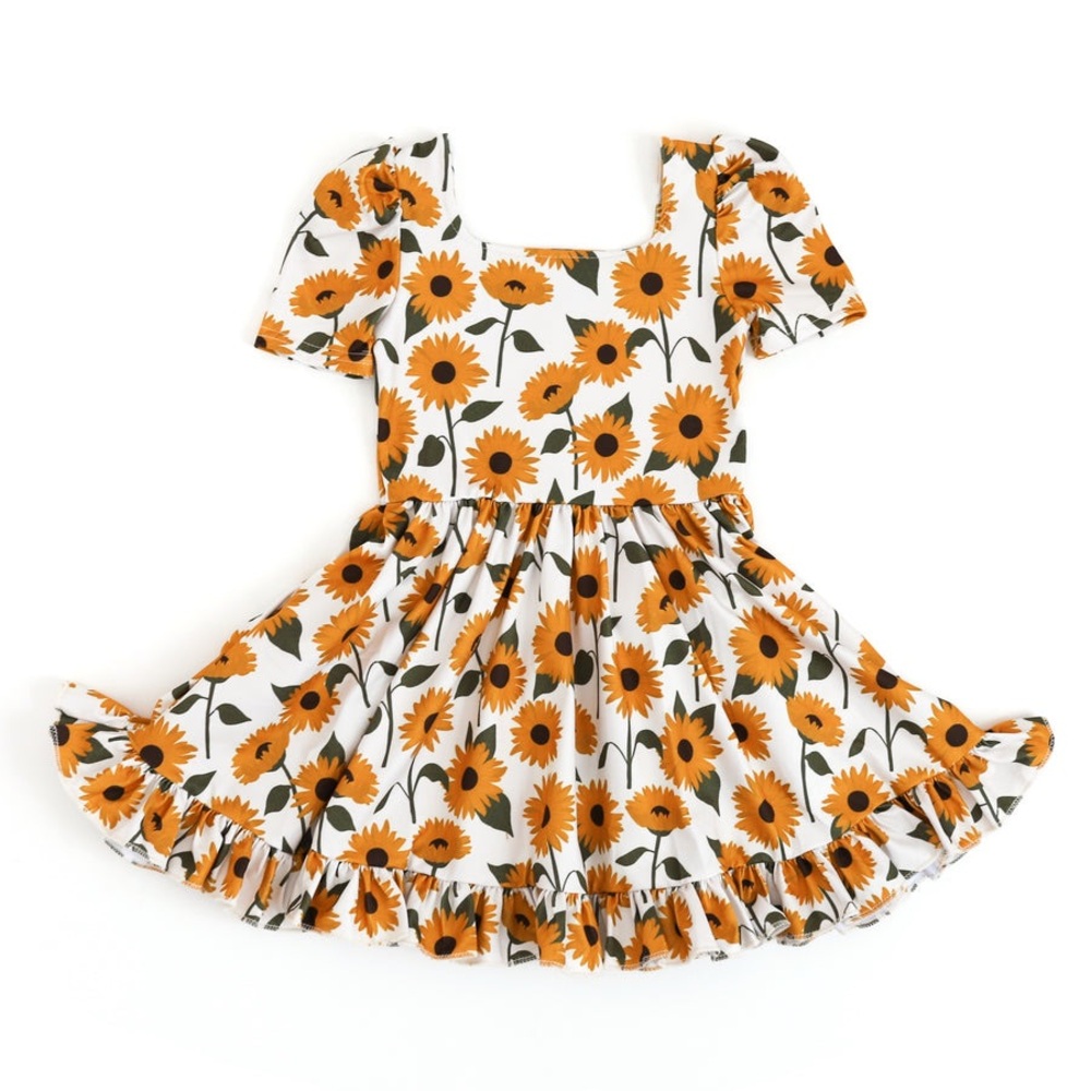Sunflower Print White & Orange Girls' Dress